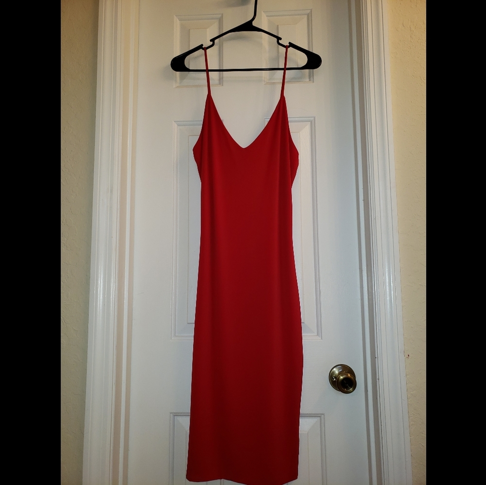 Mind Code Red Spaghetti Strap Bodycon Midi Dress